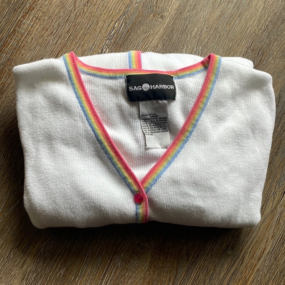 🌈 Vintage Sag Harbor Pastel Stripe Cardigan – Soft & Cozy